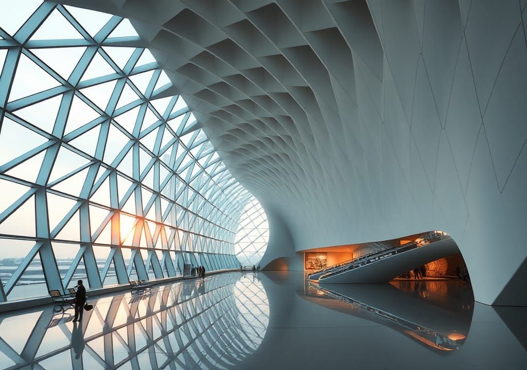 Futuristic Airport Interior in Zaha Hadid Style