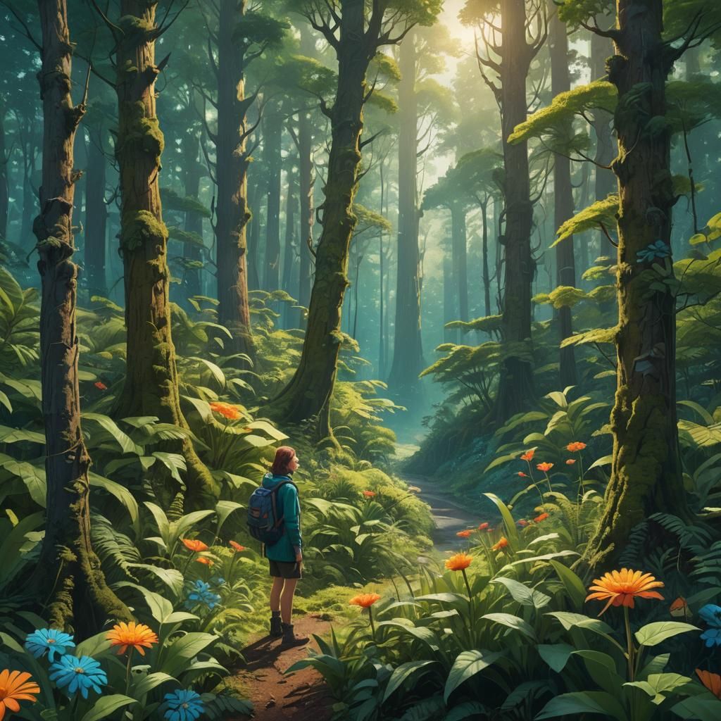 Whimsical Character in Lush Forest: Fantasy Concept Art