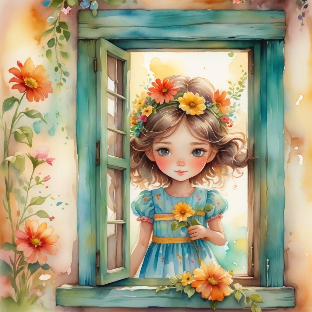 Cartoon Girl Gazing from Painted Window