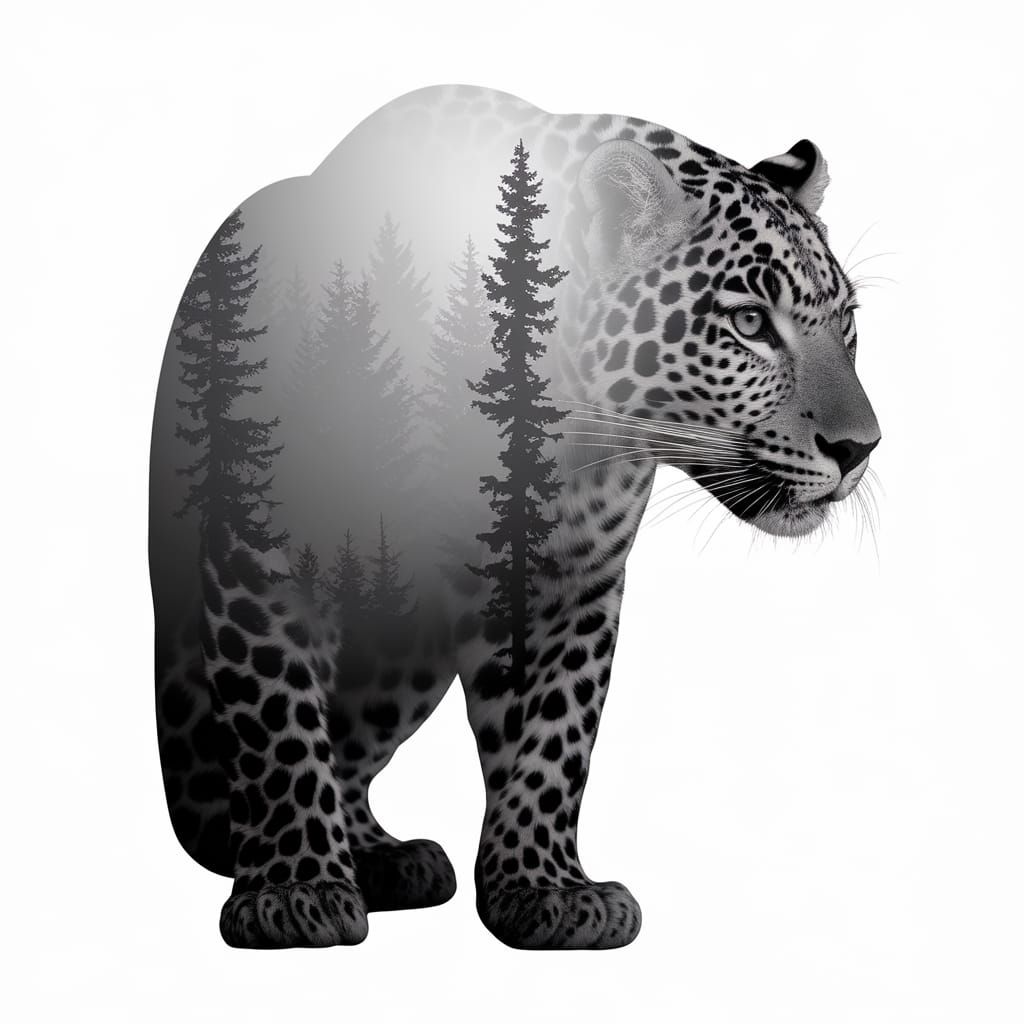 Surreal Leopard Double Exposure in Misty Forest
