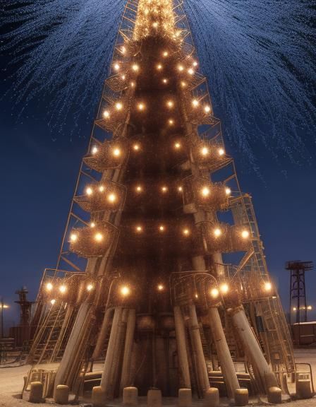 Texas oilfield Christmas Tree, decorated with lights and tinsel, presents placed around base of wellhead