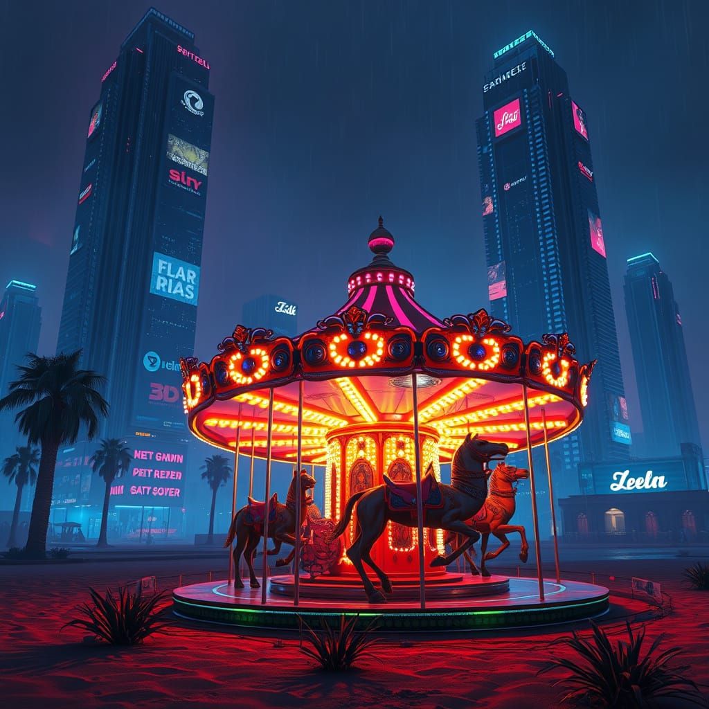 Fantastical Cyberpunk Camel Carousel in Desert Oasis