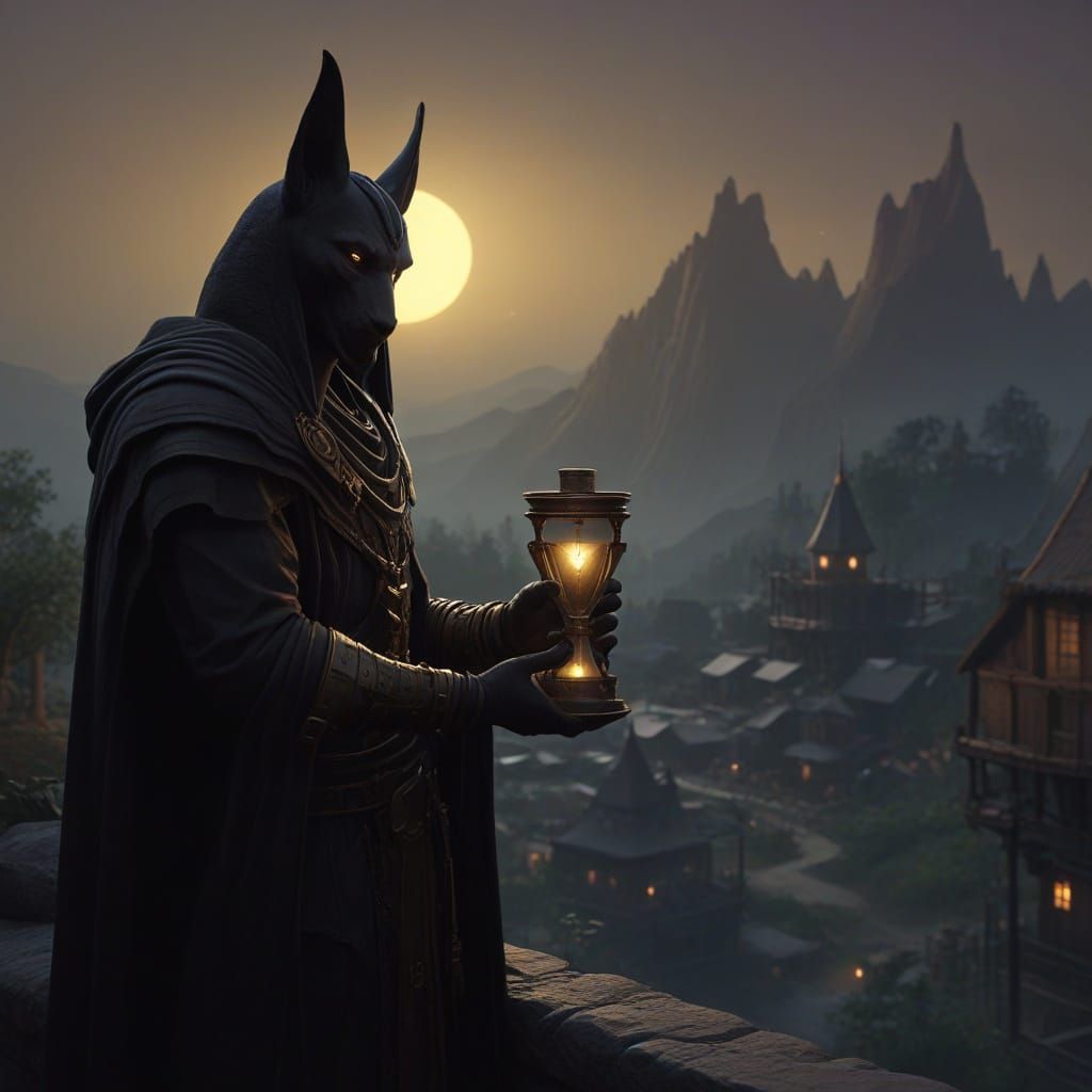 Anubis-like Figure with Hourglass, Dark Fantasy Art