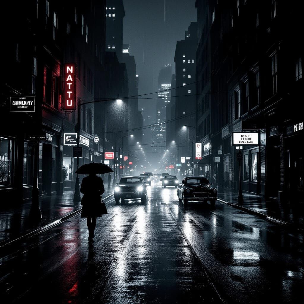 A gritty, rain-swept city street scene, deep shadows, dramat...
