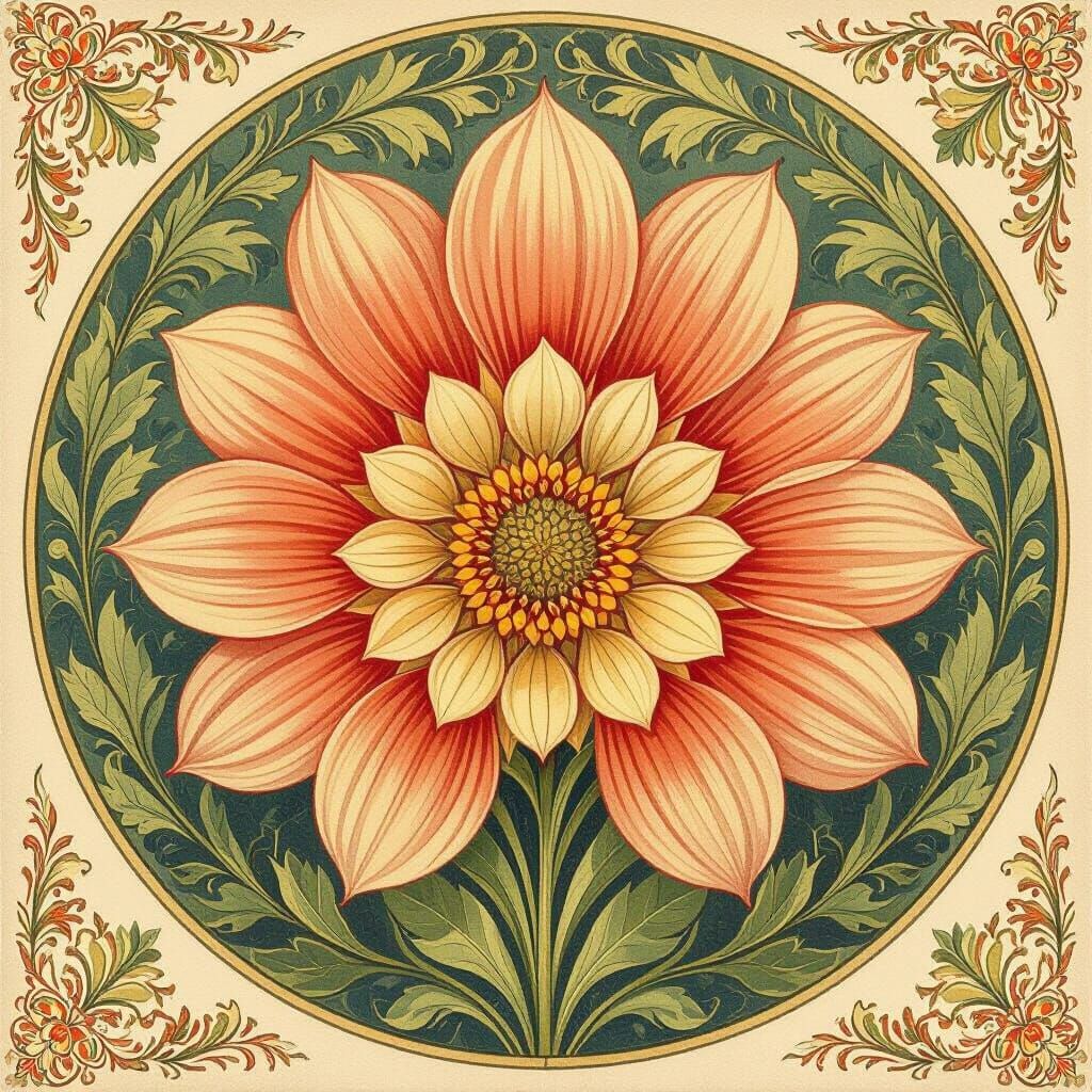 Vintage Floral Sunburst in Art Nouveau Style