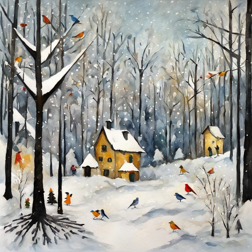 Winter Forest with Snow Elves: Classical Abstract Art