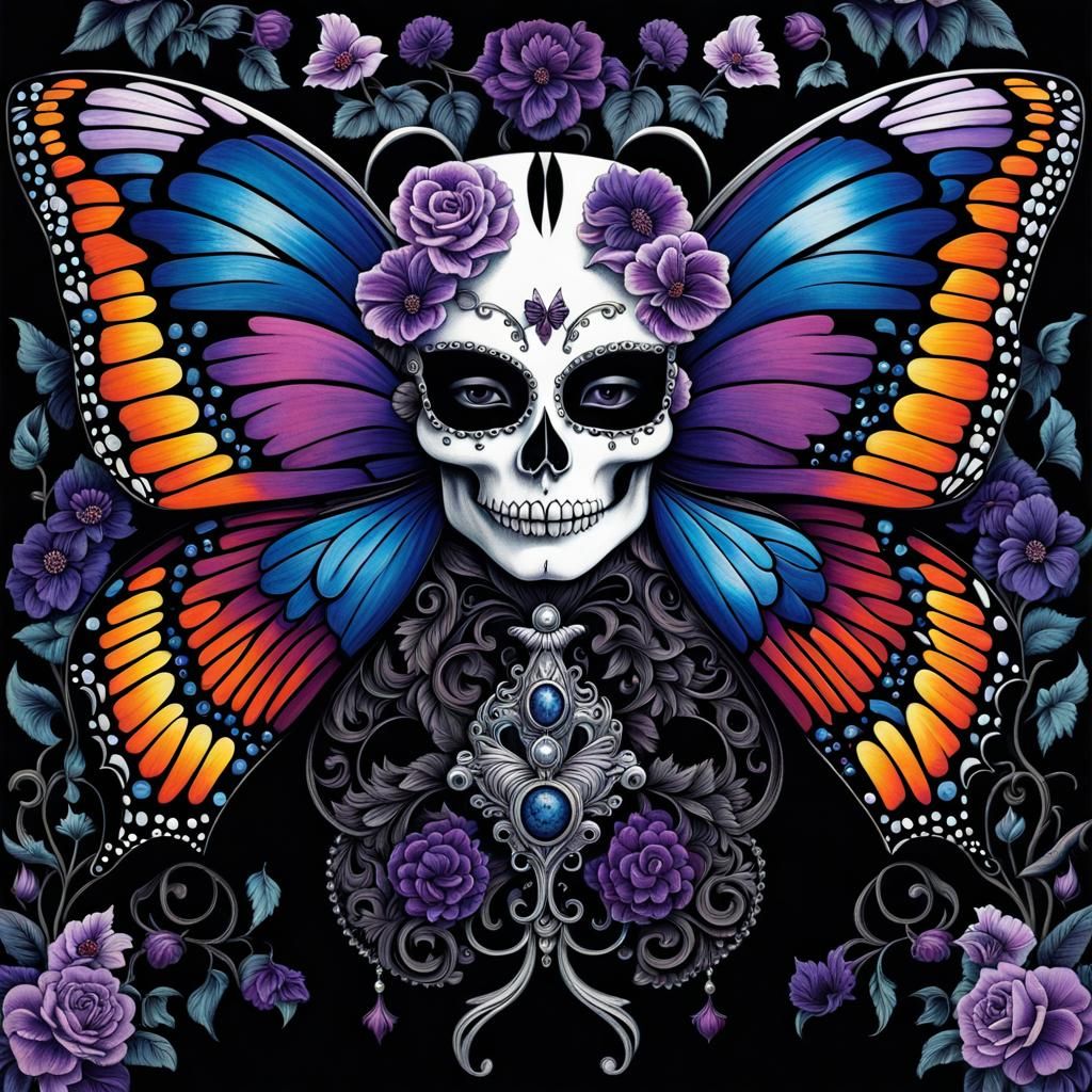 Gothic Butterfly Skull in Surrealist Style