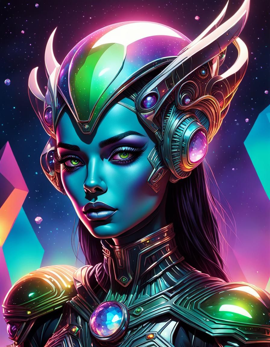 Heroic Alien Girl in Neon-Lit Retro-Futuristic Landscape