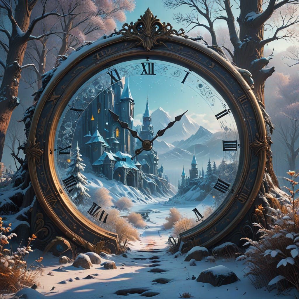 Whimsical Winter Wonderland in a Golden Clockwork Forest