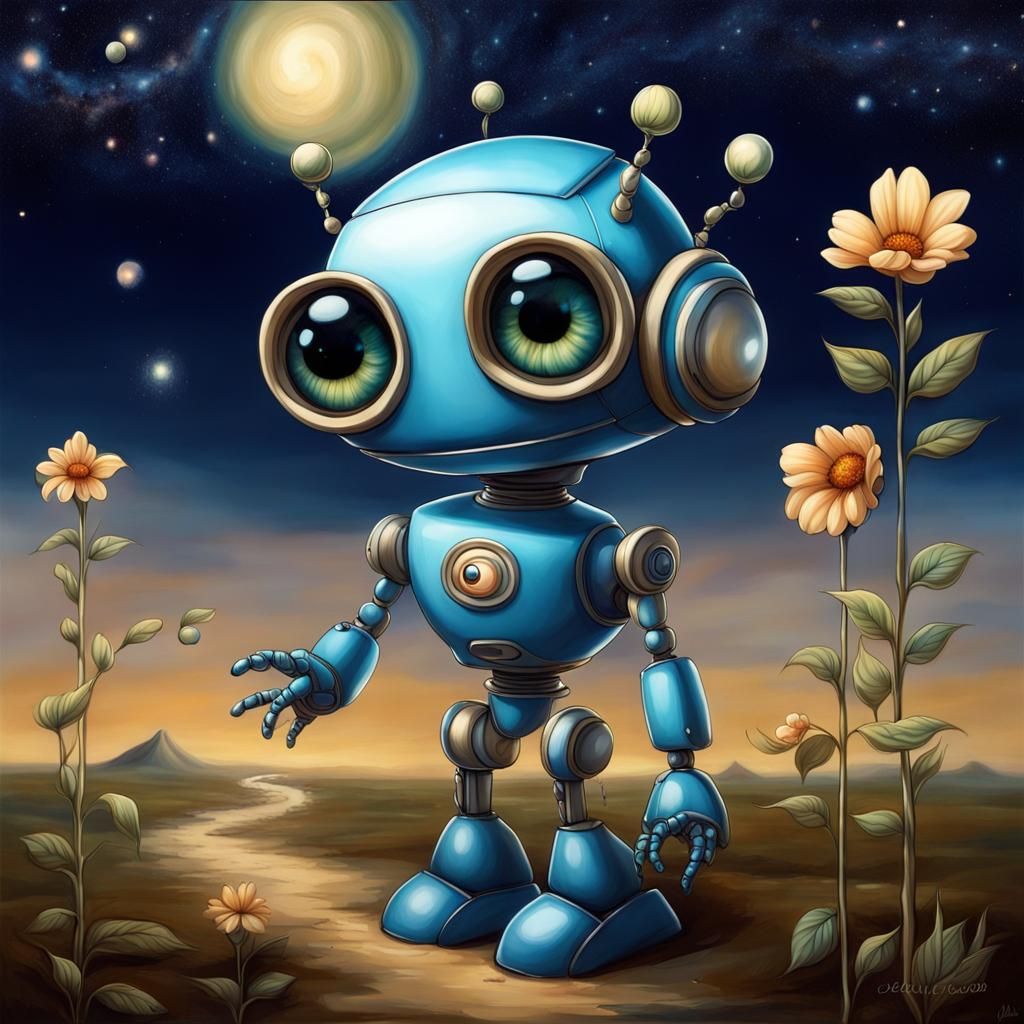 Surreal Robot with Flower in Cosmic Landscape