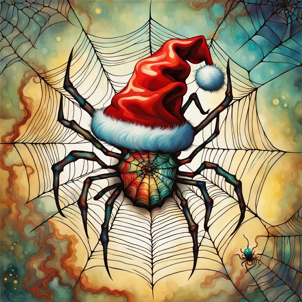 Happy Spider in Santa Hat on Web