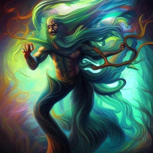 Majestic Wizard Running Through Forest, Detailed Fantasy Art