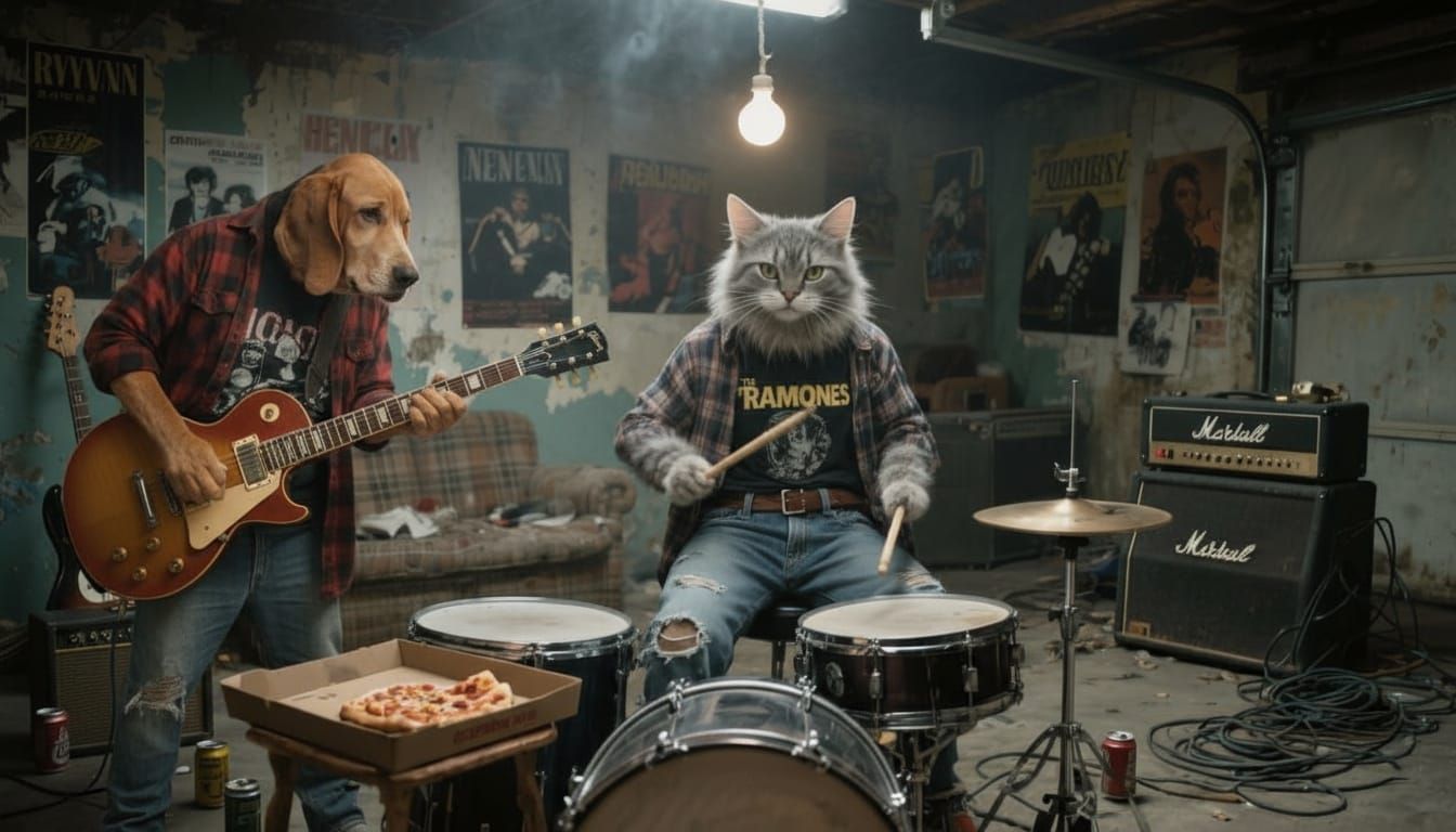 Gen X Cat Rocks Out Behind Drum Kit in Gritty Garage