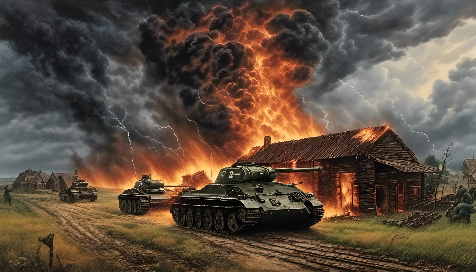 World War II Tanks Amidst Burning Barn
