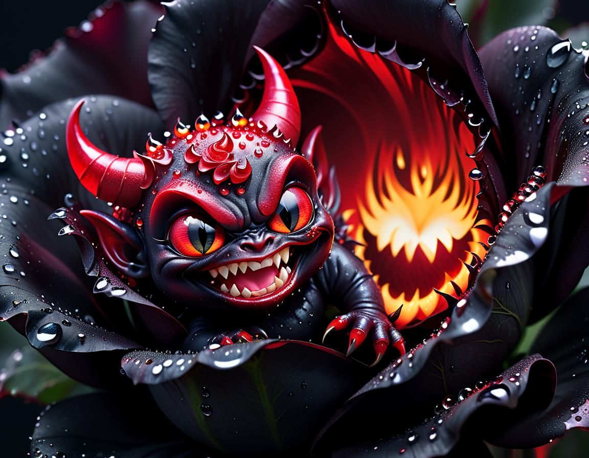 Surreal Whimsy Baby Devil Peeks from Dark Rose