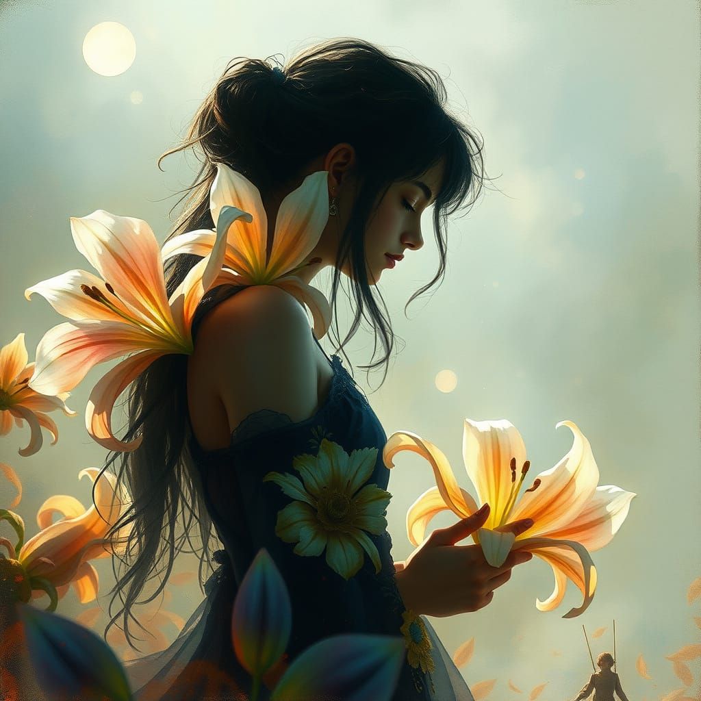 Mystic Silhouette of Girl with Lilies in Aquarelle