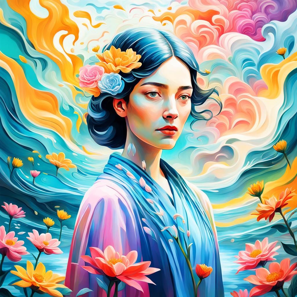 Surrealist Portrait of Woman with Flowers and Water
