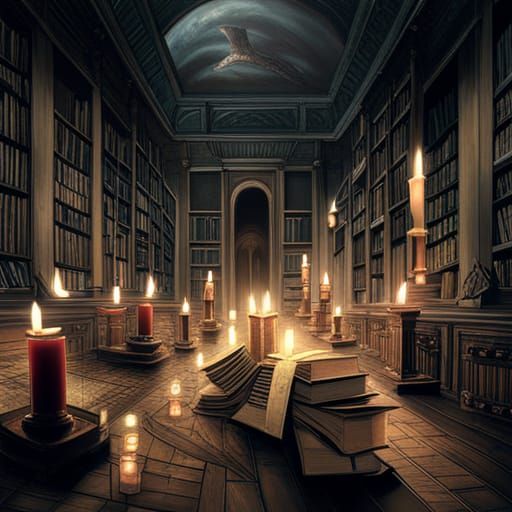 Haunted Library with Flying Books in Horror Style