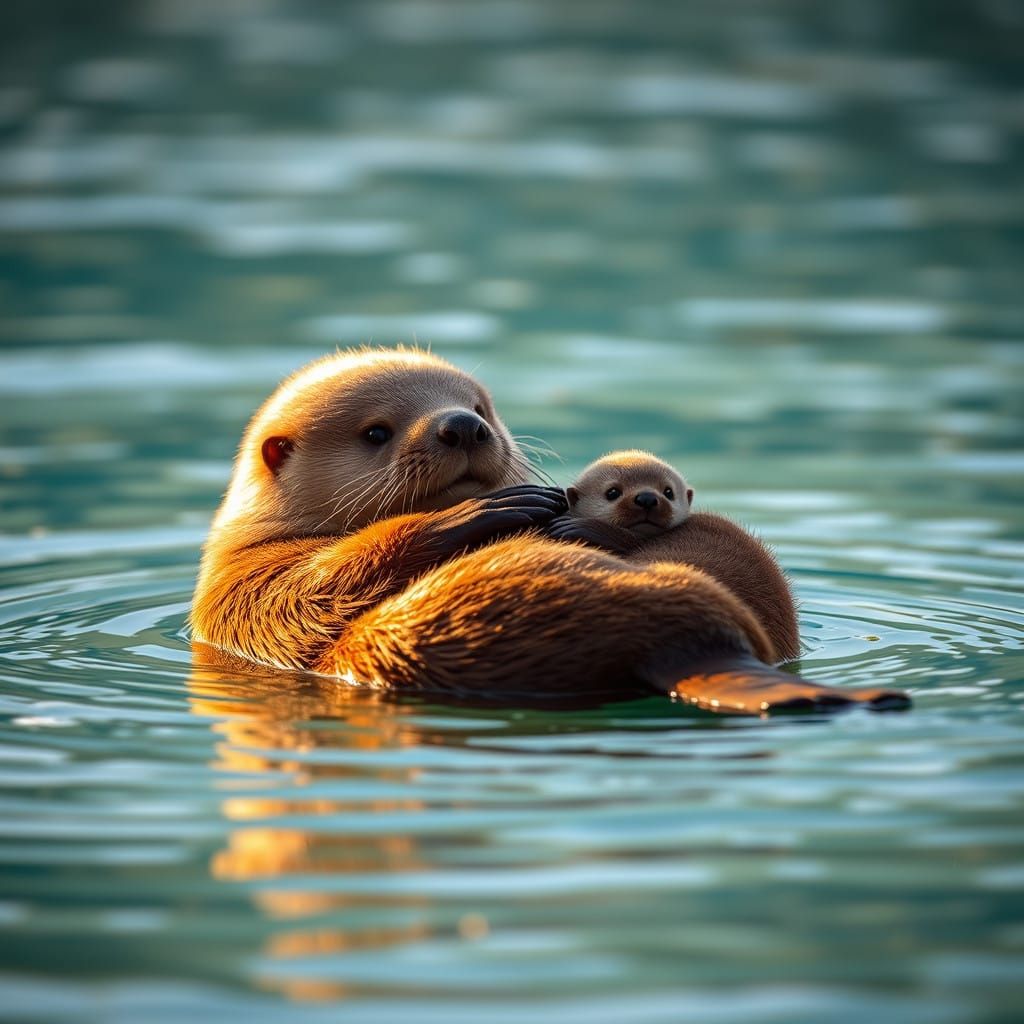 Motherly Sea Otter Embracing Calm Ocean Moment
