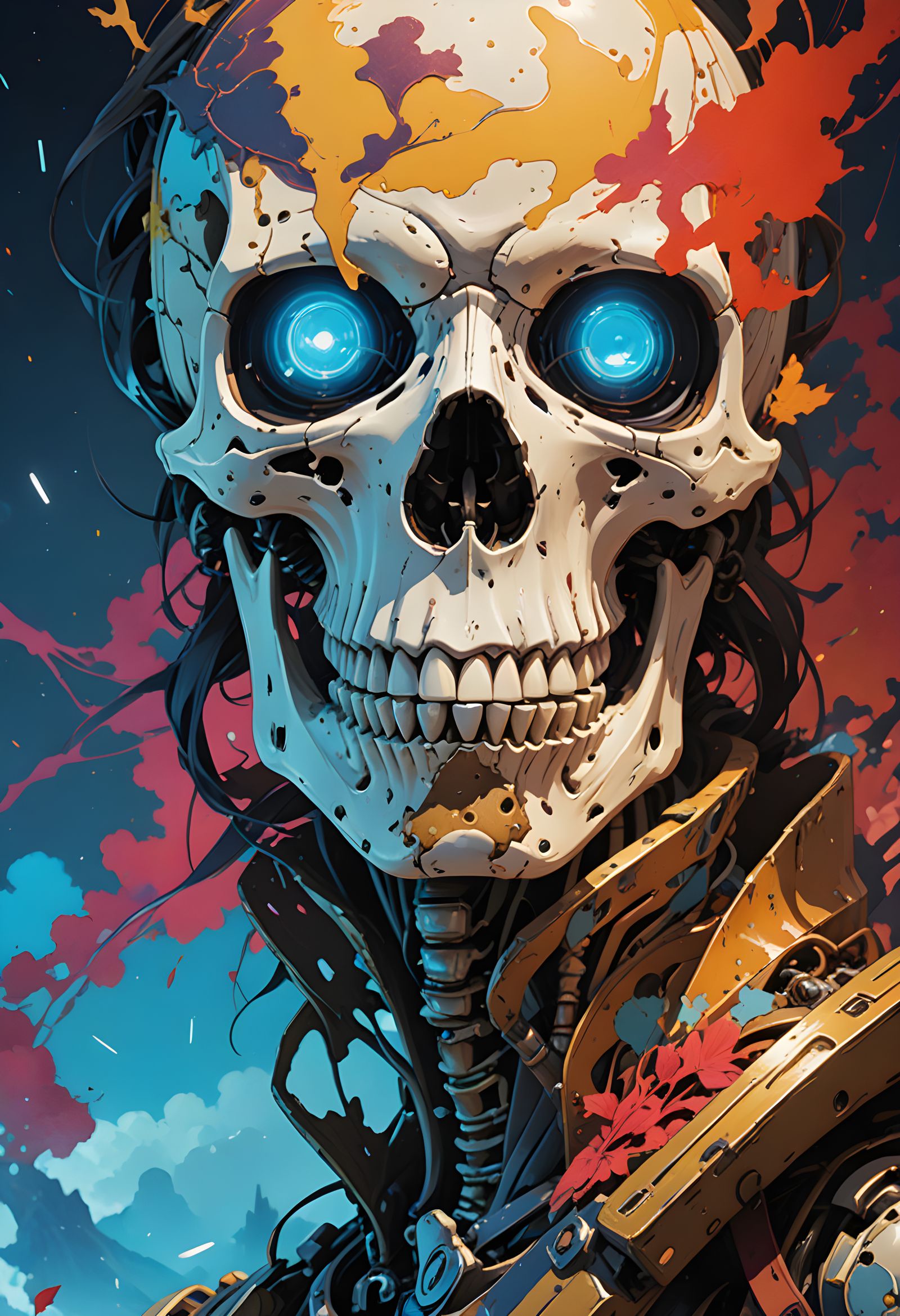 Elegant Skeleton Character in Vibrant Oil Splash Art