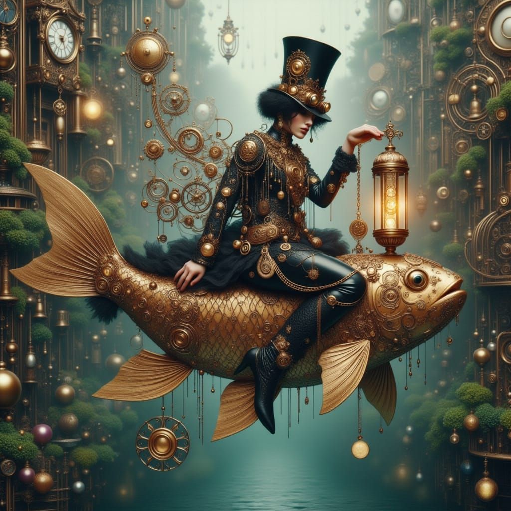 Steampunk Victorian Man Rides Goldfish in City