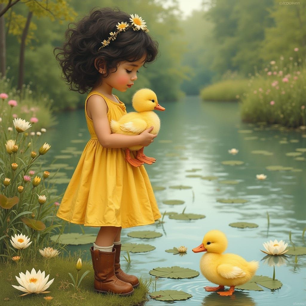 Little Girl Admires Baby Duck by a Peaceful Pond