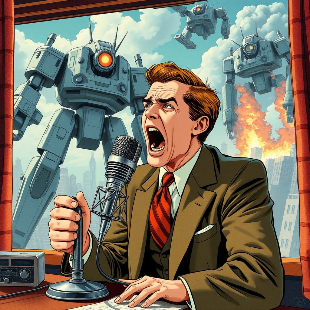 1950s Radio Announcer Amidst Robot Apocalypse