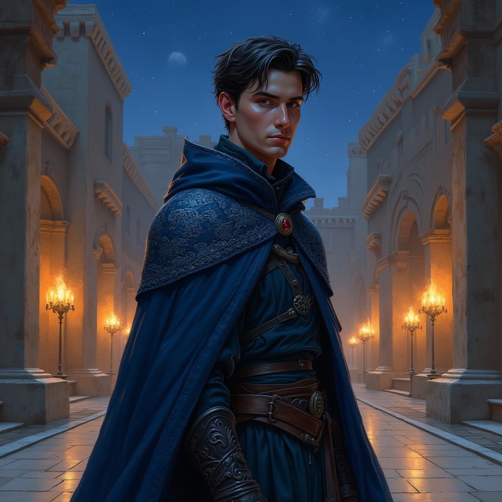 Mysterious Rogue in Dark Blue Cloak, Watchful and Powerful