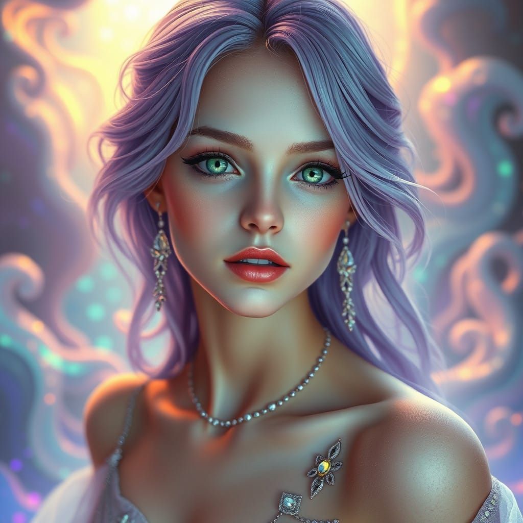 Ethereal Muse with Emerald Eyes and Lavender Hair