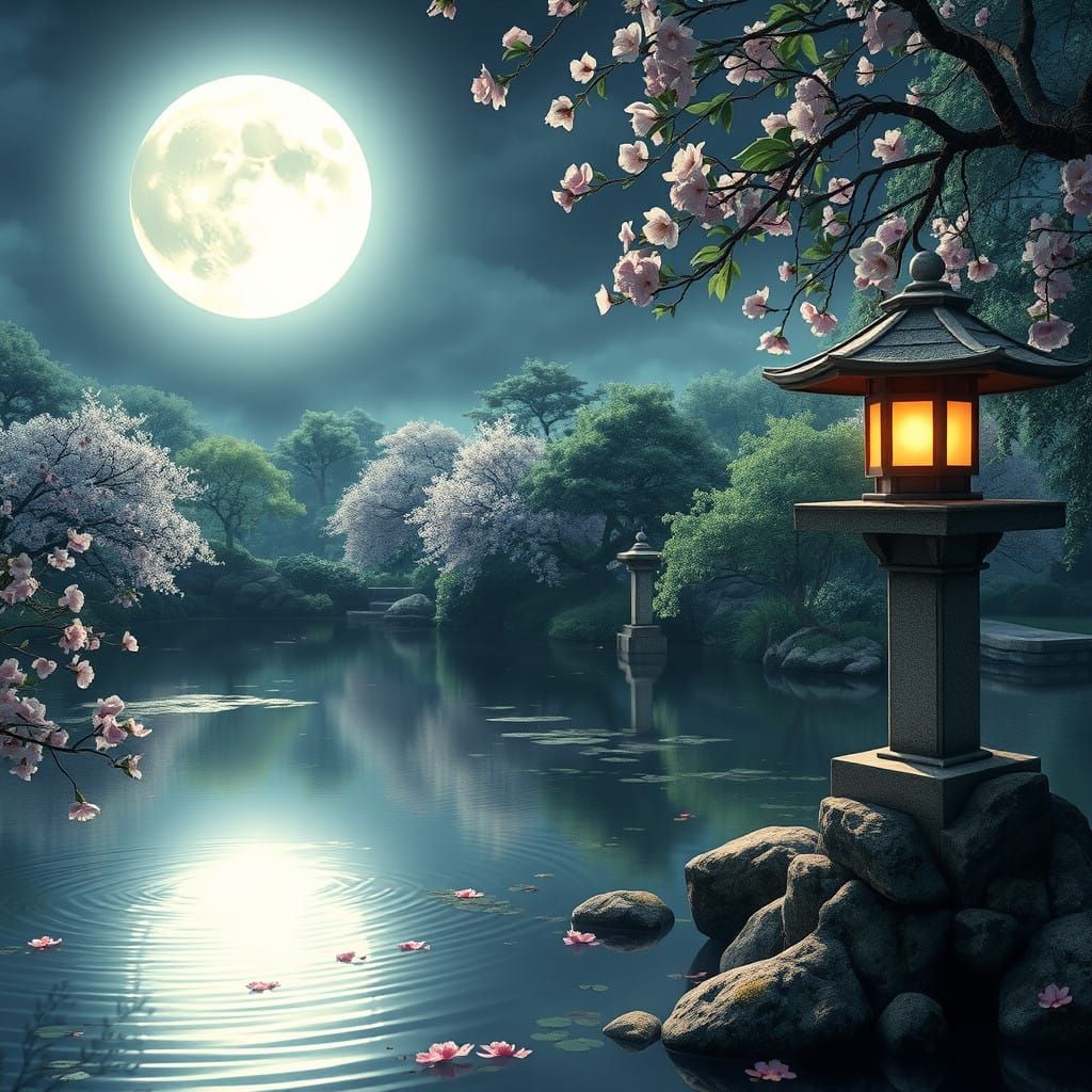 Moonlit Serenity: A Dreamy Japanese Garden in Whimsical Wate...