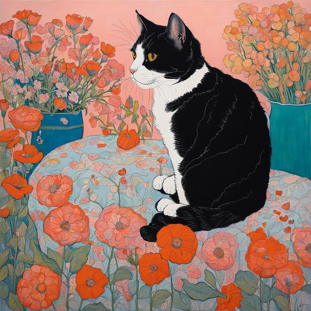 Cat on Pillow Surrounded by Flowers in Portrait Style
