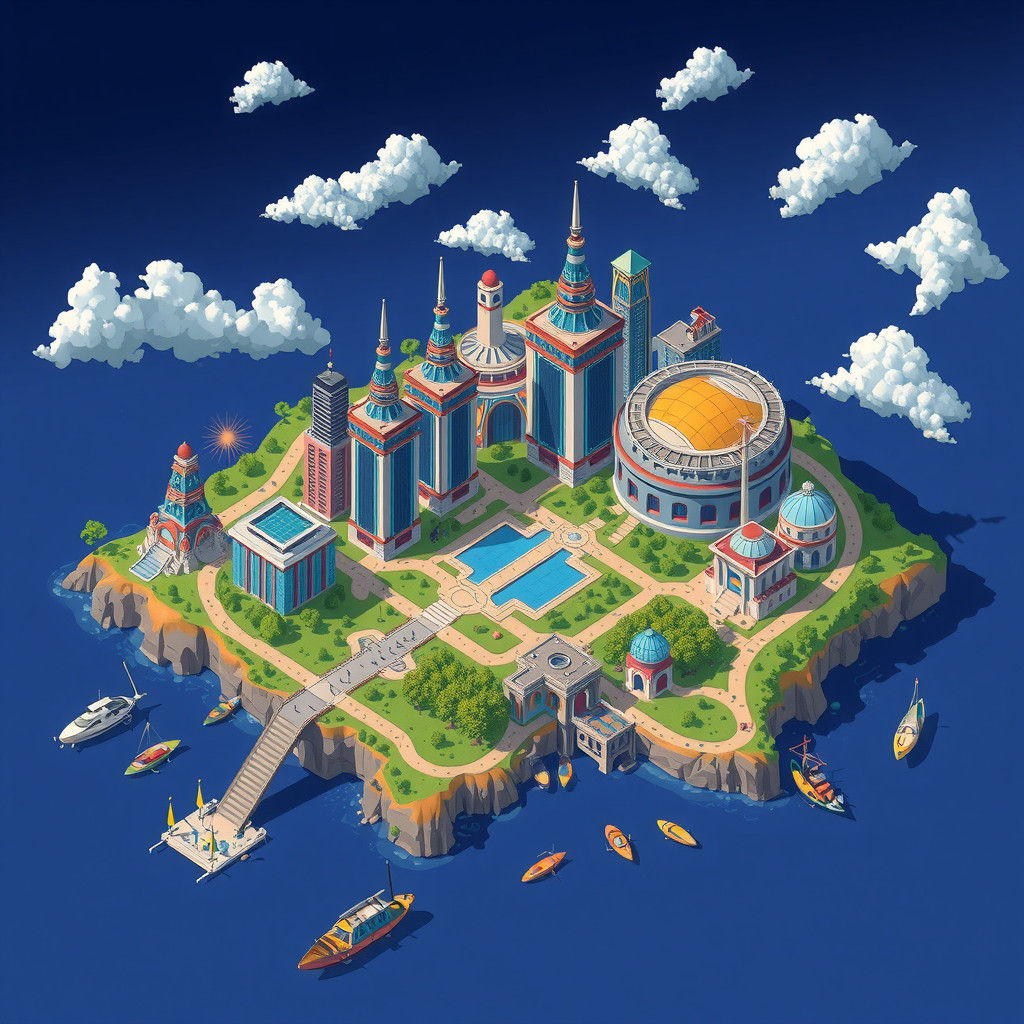 Futuristic Eco City Island Map in Pixel Art