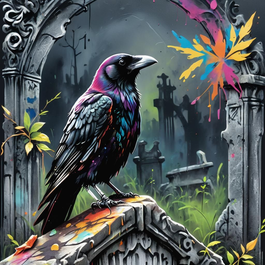 Graffiti Crow on Gravestone in Vivid Colors
