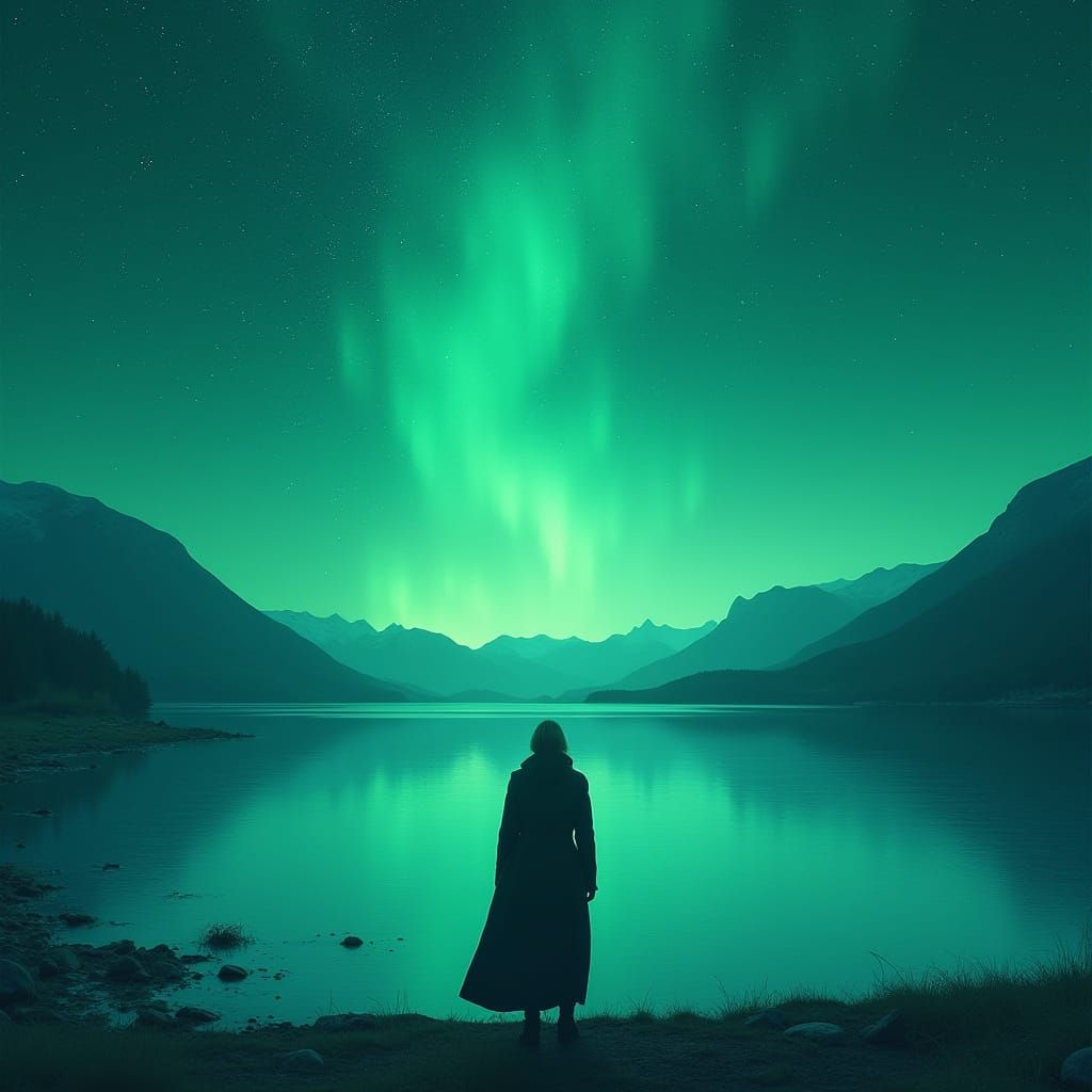 Mystical Figure by Reflective Lake Under Green Stars