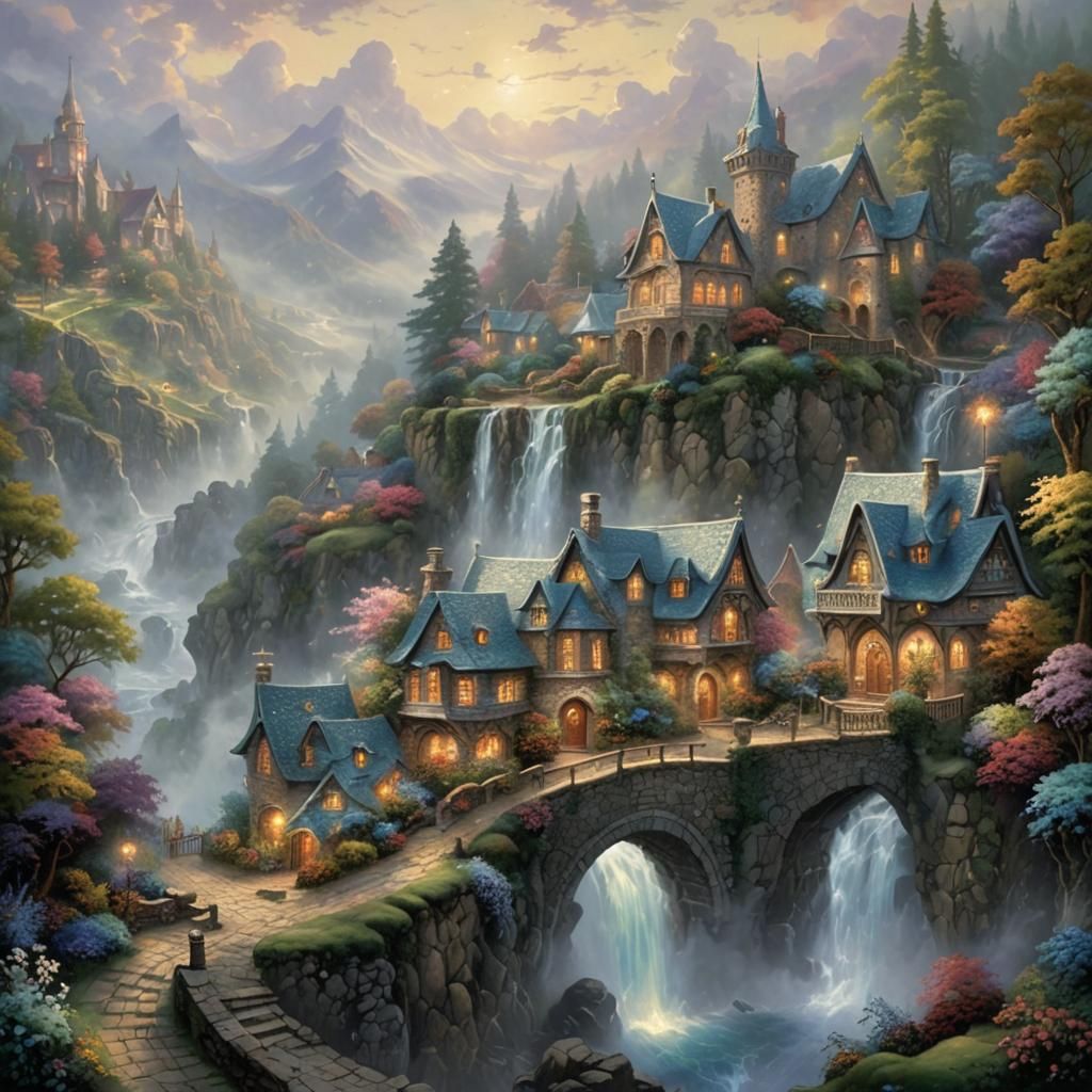 Ethereal Fantasy Town in Mist, Hyperdetailed