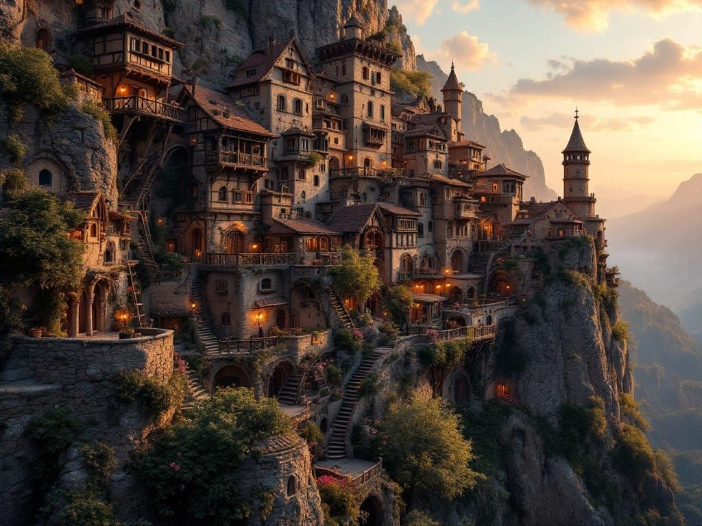 Medieval Cliffside Village at Magic Hour