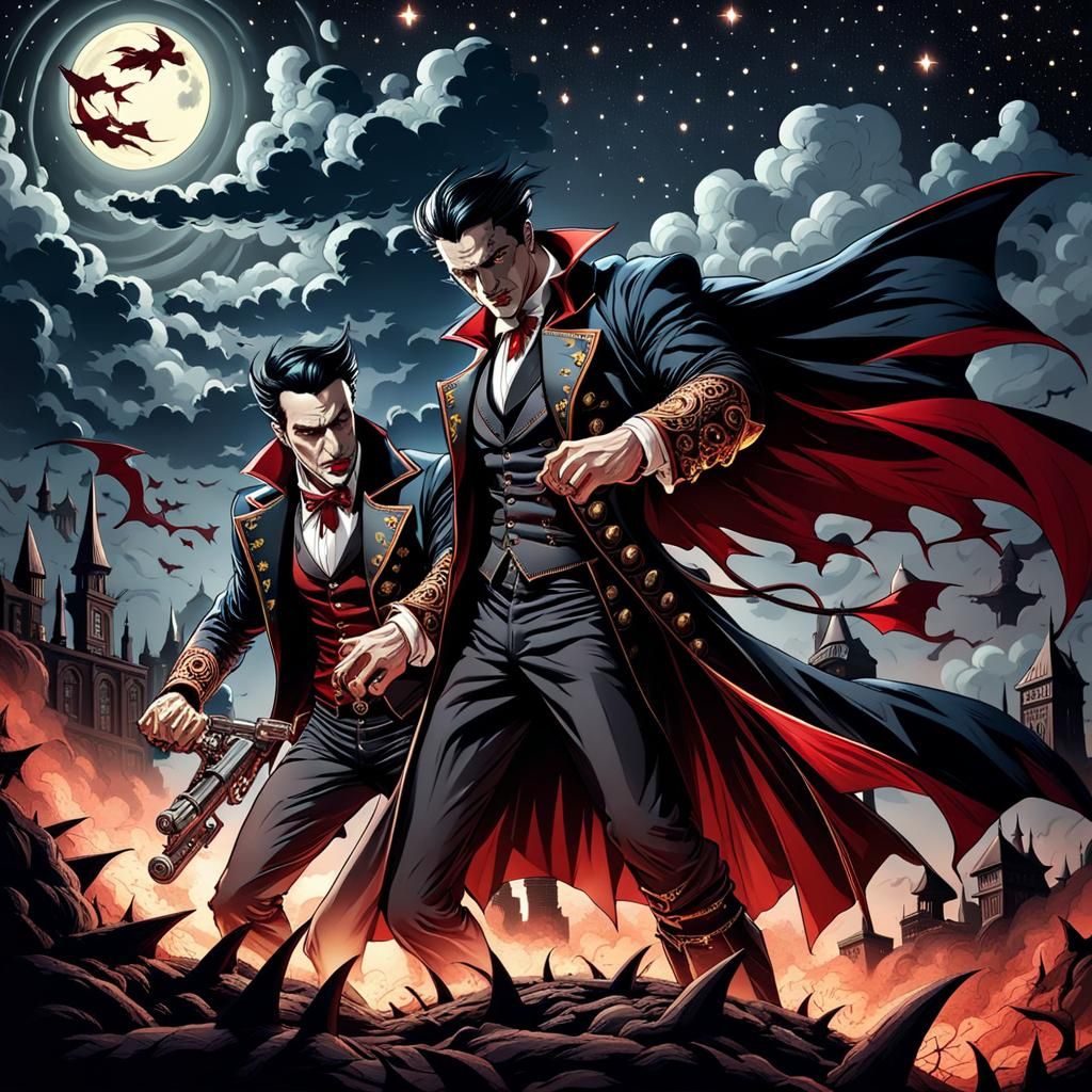 Vampire Battle Under Steampunk Starry Night