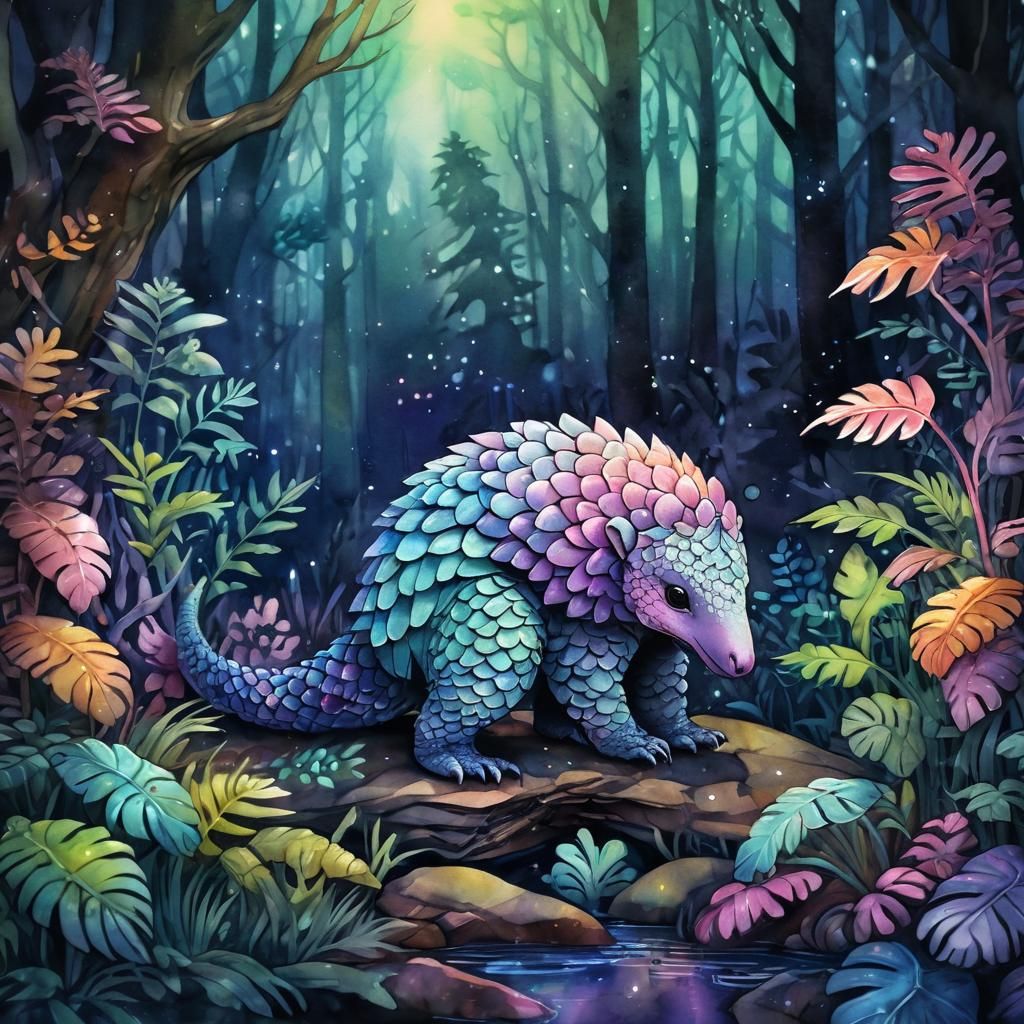 Enchanted Iridescent Pangolin in Cel-Shaded Watercolor