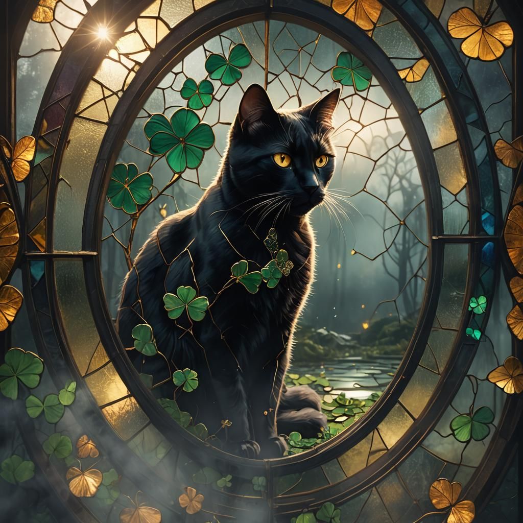 Black Cat Reflection in Gold Stained Glass Mirror