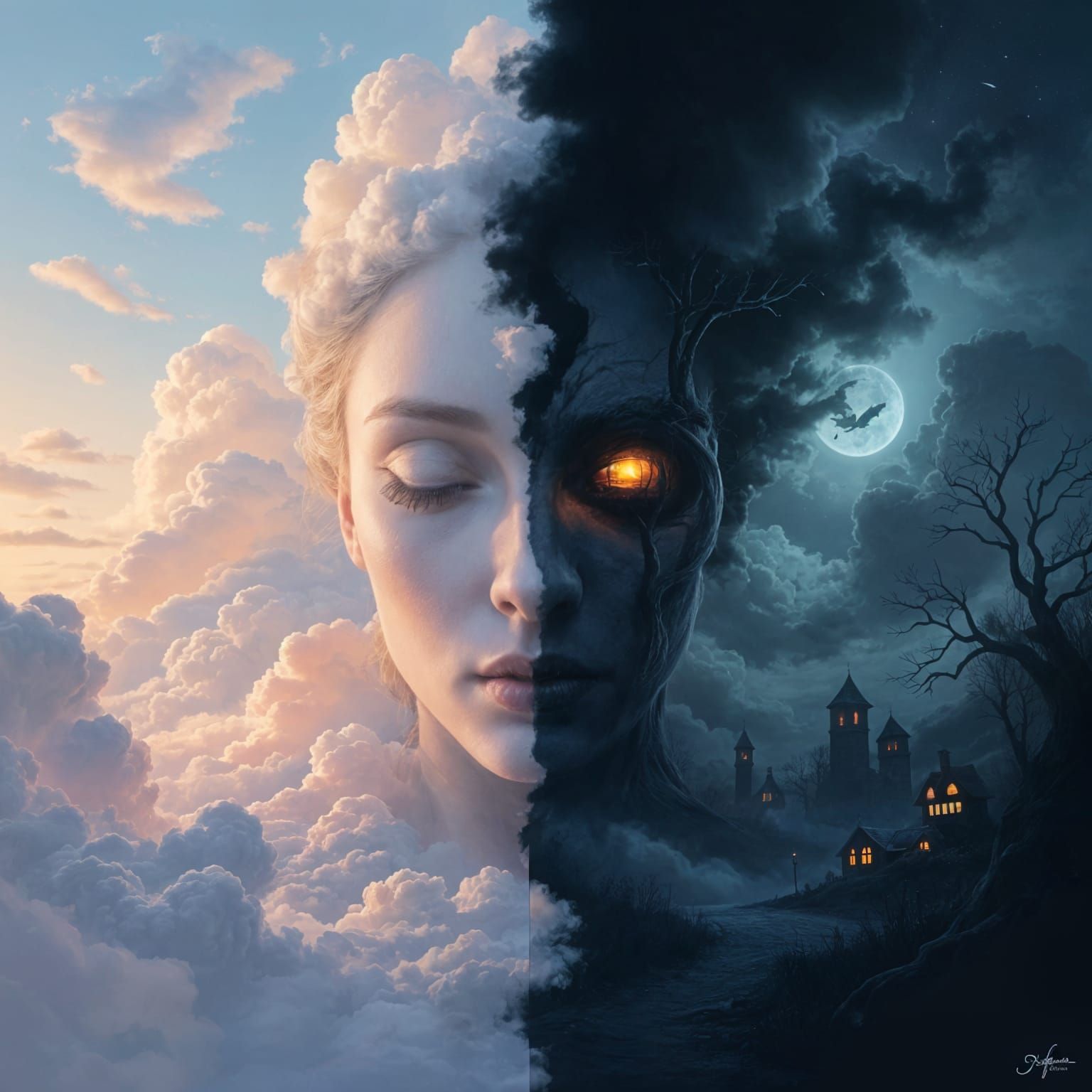 Dream vs Nightmare Split Scene in Pastel and Dark Hues