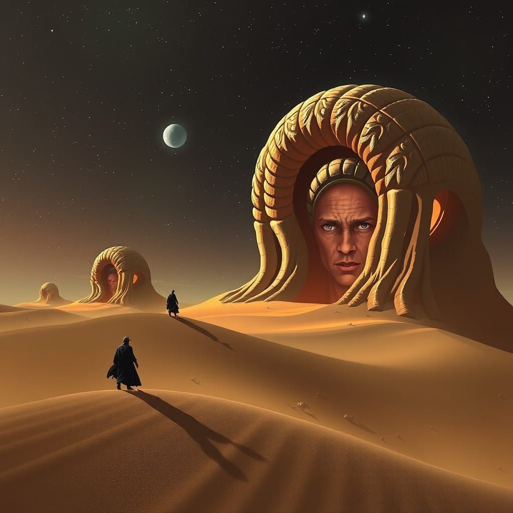 Surreal Dune Landscape with Fremen and Sandworm