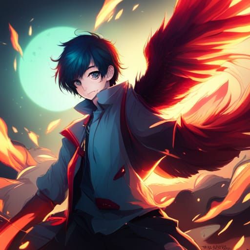 Cyan-Haired Boy with Phoenix Power in Anime Style