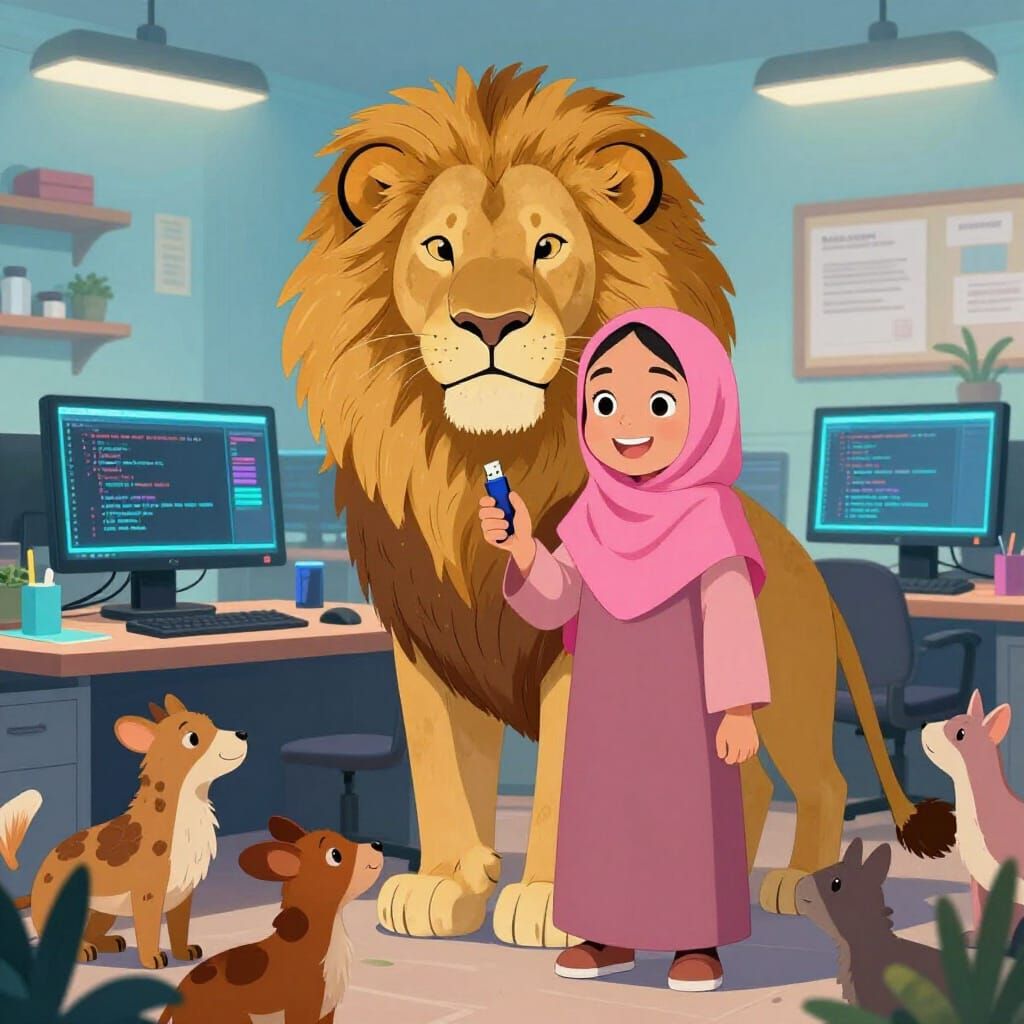Girl and Lion in Coding Lab with Animals