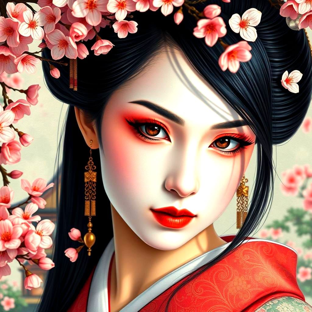 Geisha Portrait in Sakura Garden: Hyperrealistic Splash Art