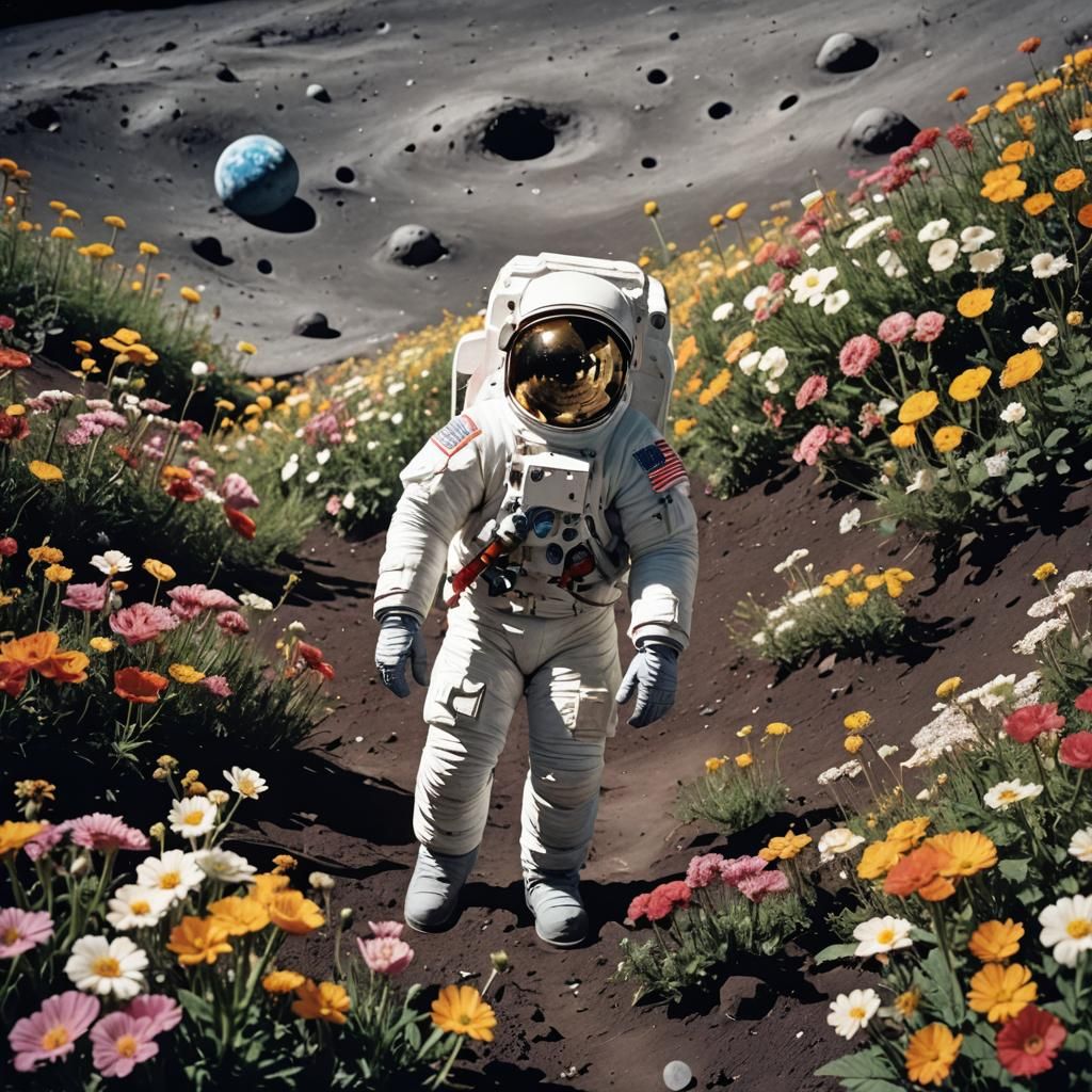 Astronaut in Lunar Garden Reflecting the Universe