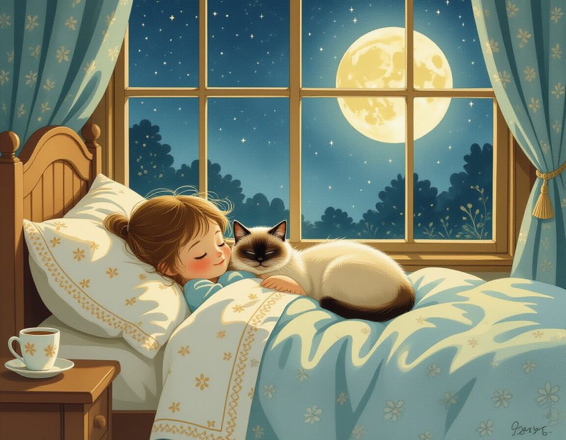 Girl and Siamese Cat Cuddle in Moonlit Bed