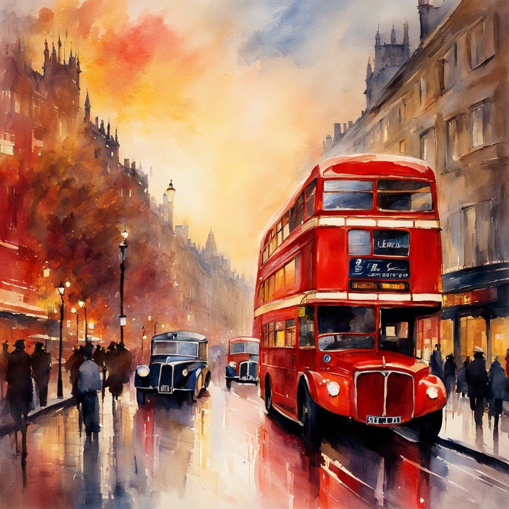 London Bus in Watercolour Impressionist Style