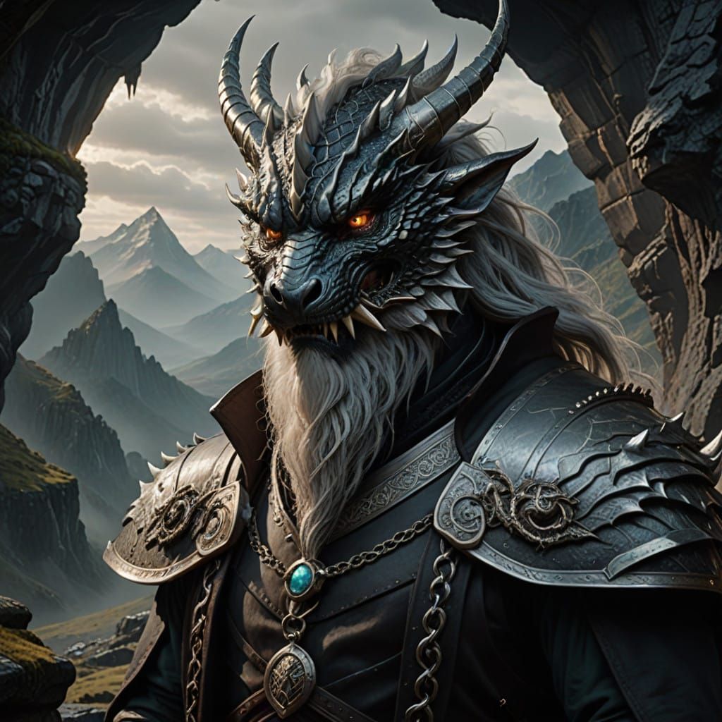 Majestic Half Dragon Warlock in Gritty 35mm Film Style