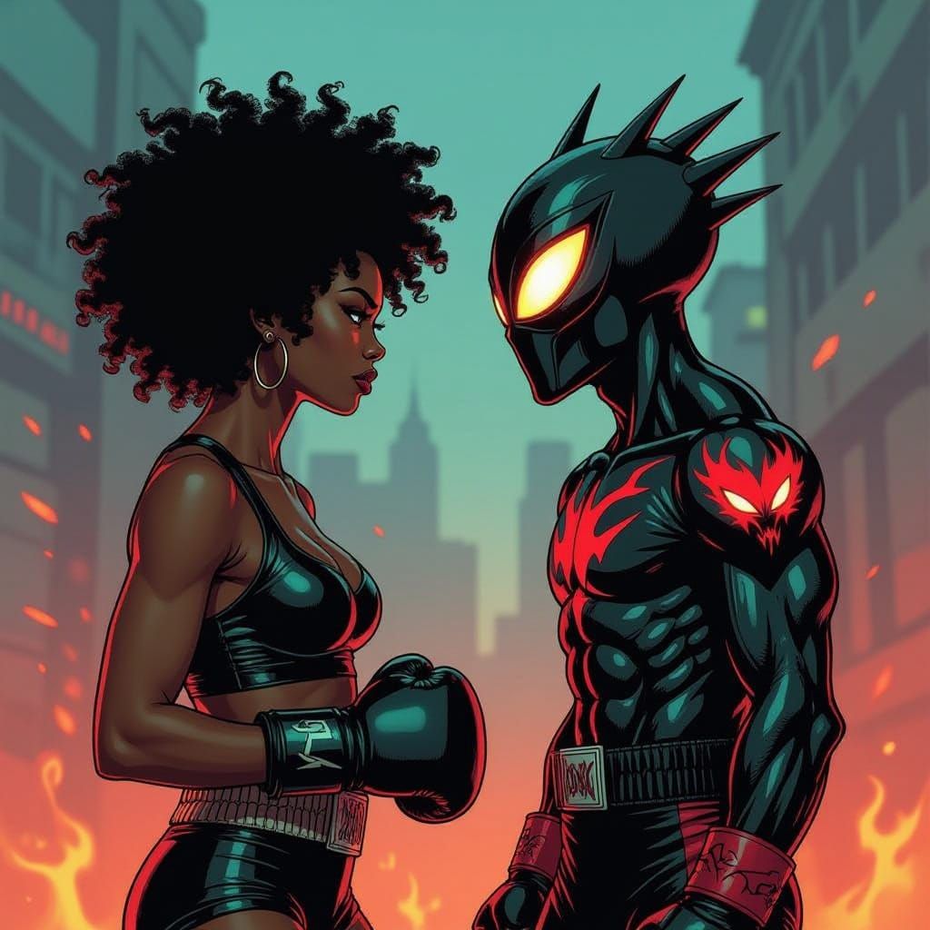 Fairy Boxer Confronts Hellfire Alien in Neon Urban Battle