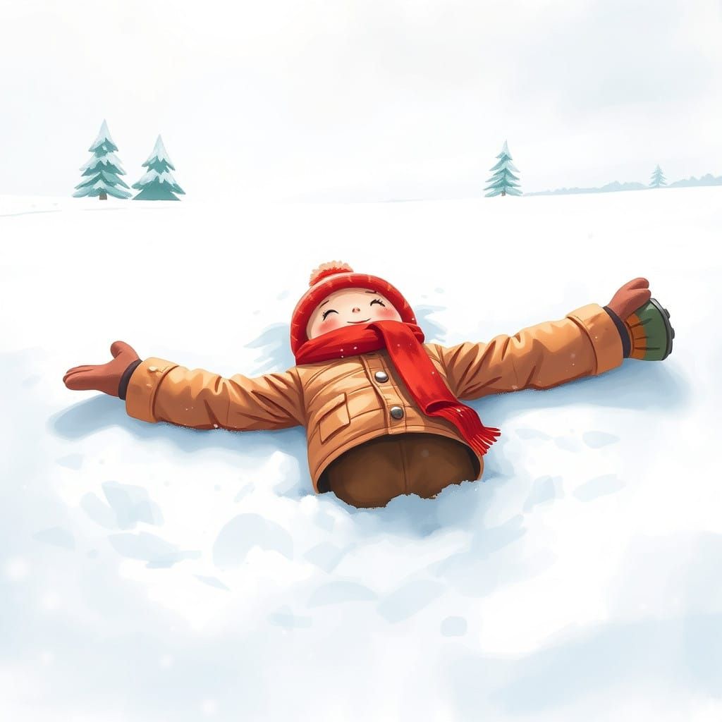 Joyful Child Makes Angel in Snowy Winter Wonderland Scene